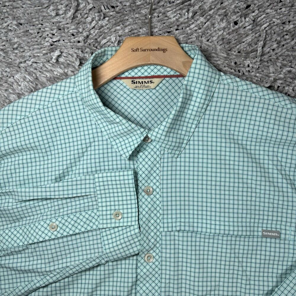 Simms Button Down Shirt Mens XL Blue Plaid Long Sleeve Performance Stretch Nylon